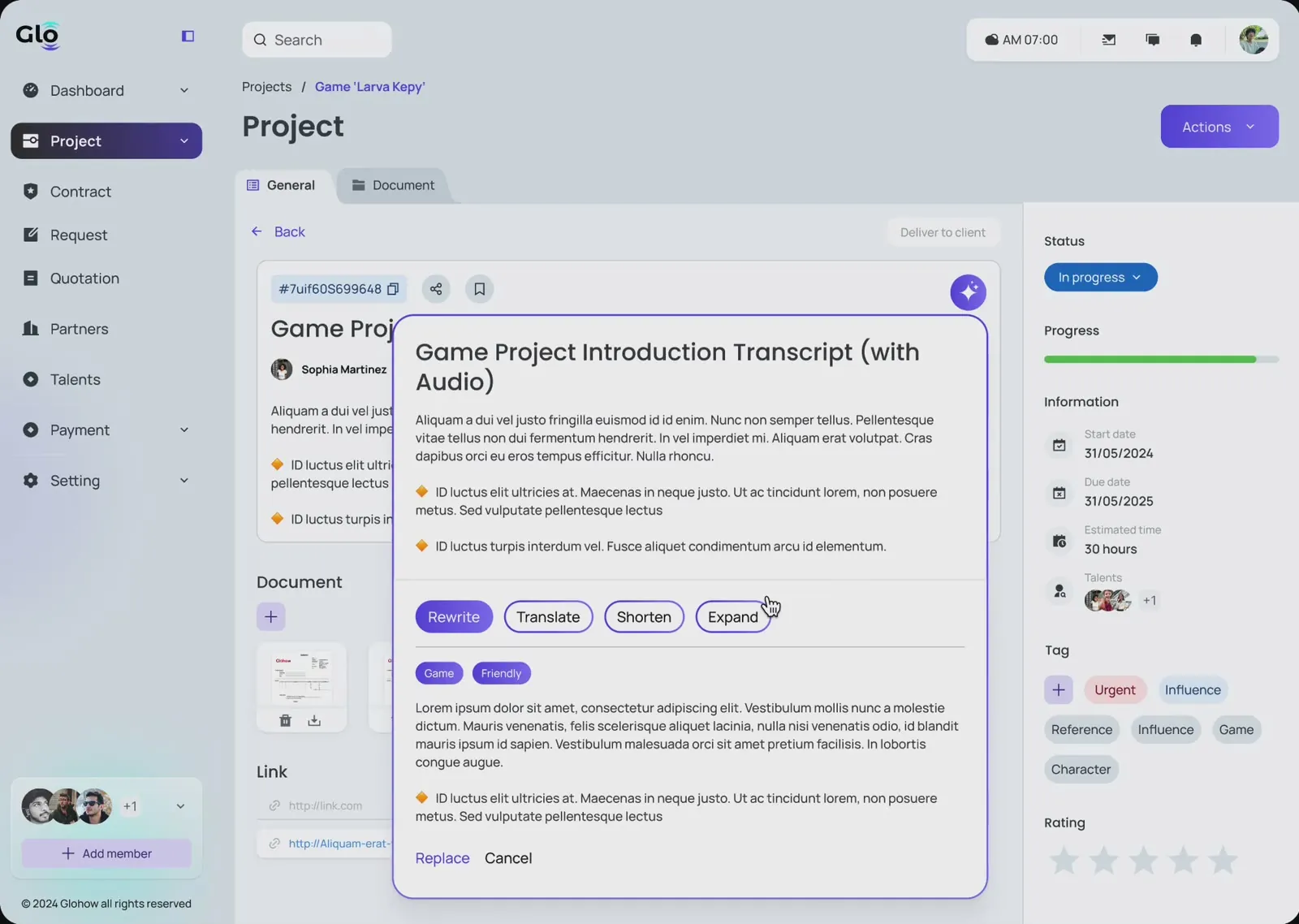 Glowork project screen with AI writing assistance