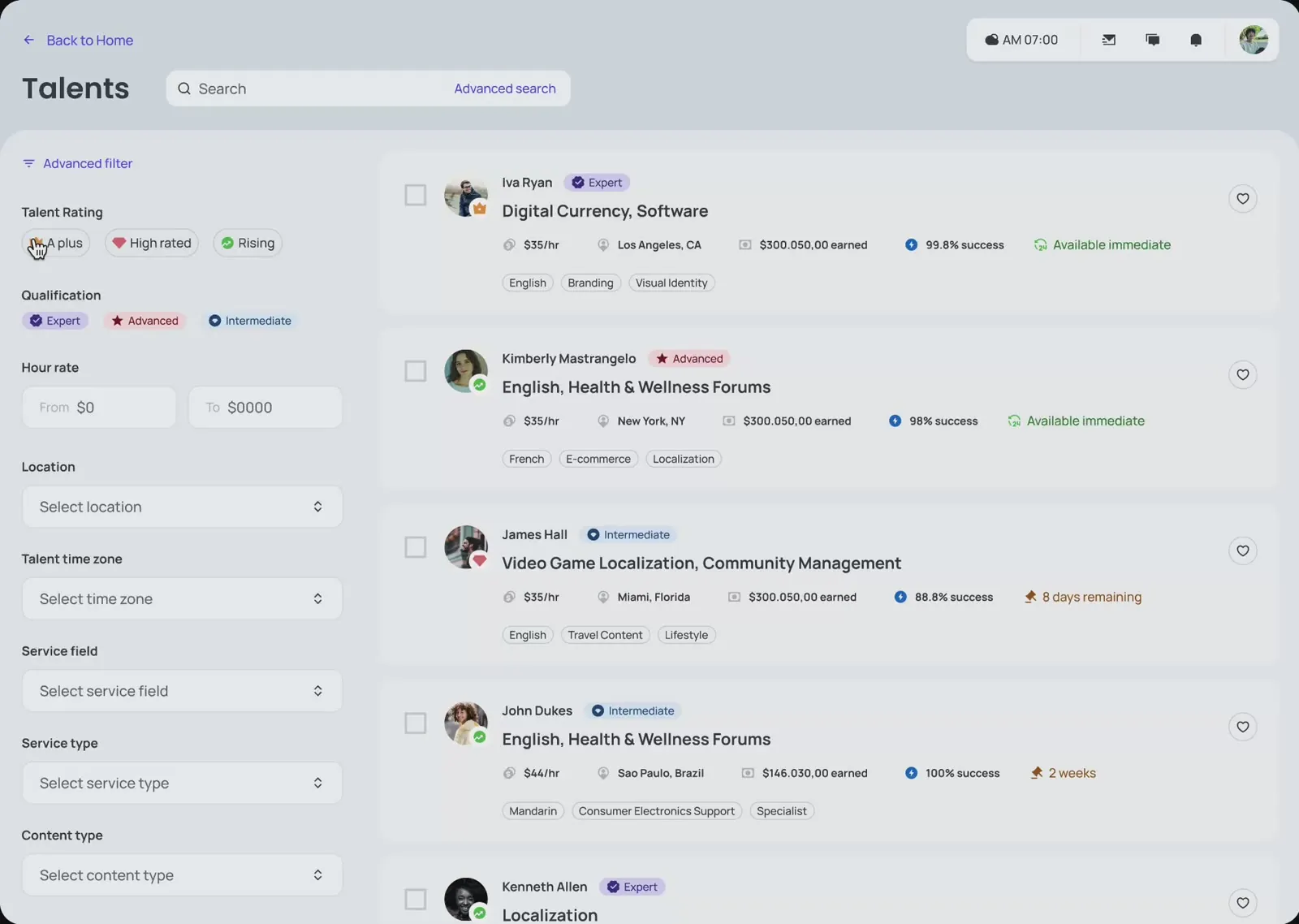 Glowork talent search screen