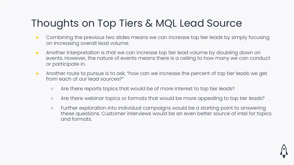 Slide: thoughts on the most important groups and marketing-qualified lead (MQL) sources