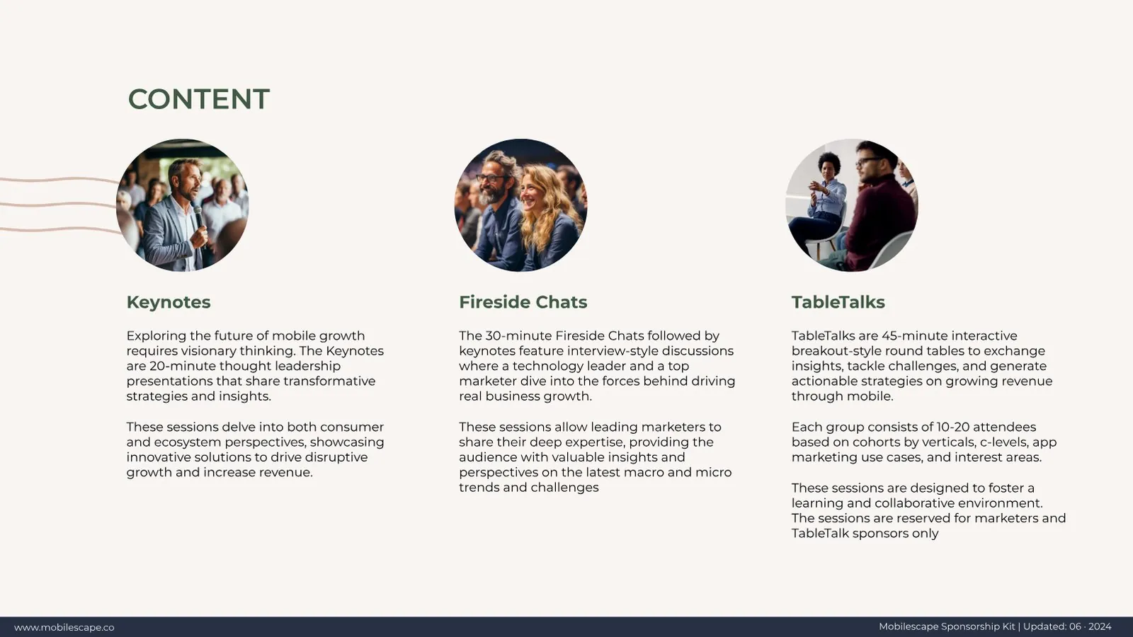 Content formats: keynotes, fireside chats and TableTalks